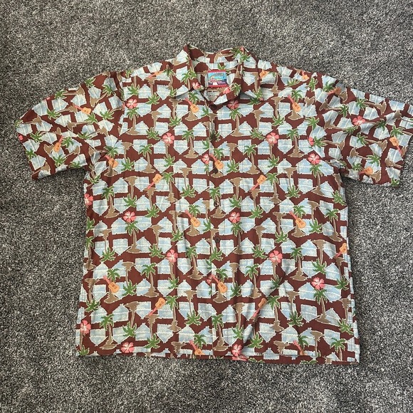 reyn spooner Other - Vtg Reyn Spooner Hawaiian Shirt Mens Large Brown Palm Tree Hut Guitar Hibiscus